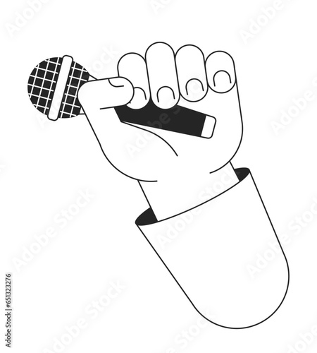 Holding microphone cartoon human hand outline illustration. Singing karaoke 2D isolated black and white vector image. Standup event. Holding mic audio equipment flat monochromatic drawing clip art