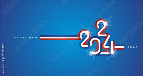 2024 New Year continuous ribbon in the shape of 2024. Abstract blue white red flag of France in the shape of 2024 logo with sparkle firework for calendar, banner, poster, social media post