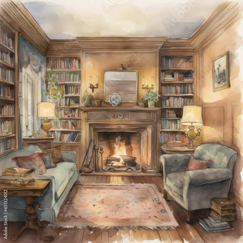 Watercolor Dream: Artistic Fireplace Illustration Perfect for Storybook Themes and English Countryside Settings photo