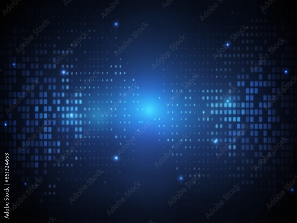 Abstract technology futuristic digital concept square pattern with lighting glowing particles square elements on dark blue background.