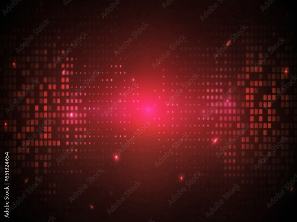 Abstract technology futuristic digital concept square pattern with lighting glowing particles square elements on dark red background.