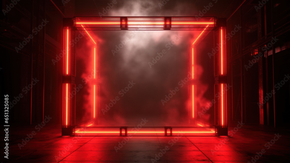 Futuristic dark corridor with red neon lights and smoke. 