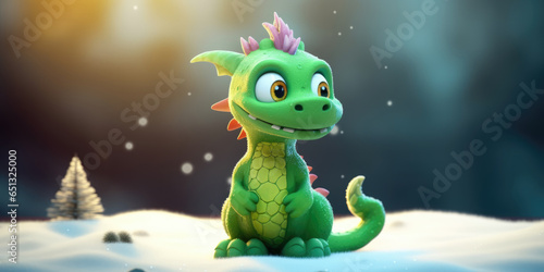 Little Green Dragon in the snow. Green Dragon The Symbol Of New Year 2024. Creative Christmas Background © maxa0109