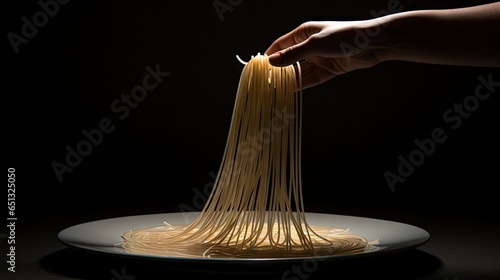  a person is holding a plate of spaghetti with a fork.  generative ai