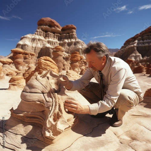 A close-up of a geologist examining a rock formation in a desert. photo