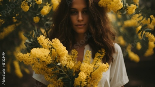 woman holding bouquet of yellow wattle flowers photo