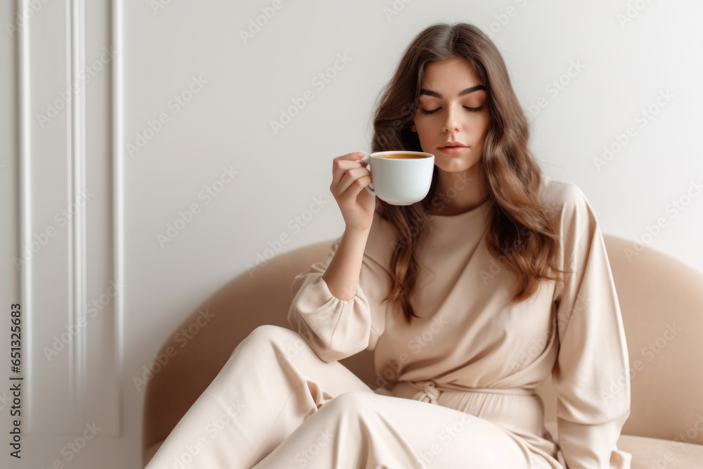 Beautiful young woman with cup of coffee sitting on sofa in room Beautiful young woman with cup of coffee sitting on sofa in room