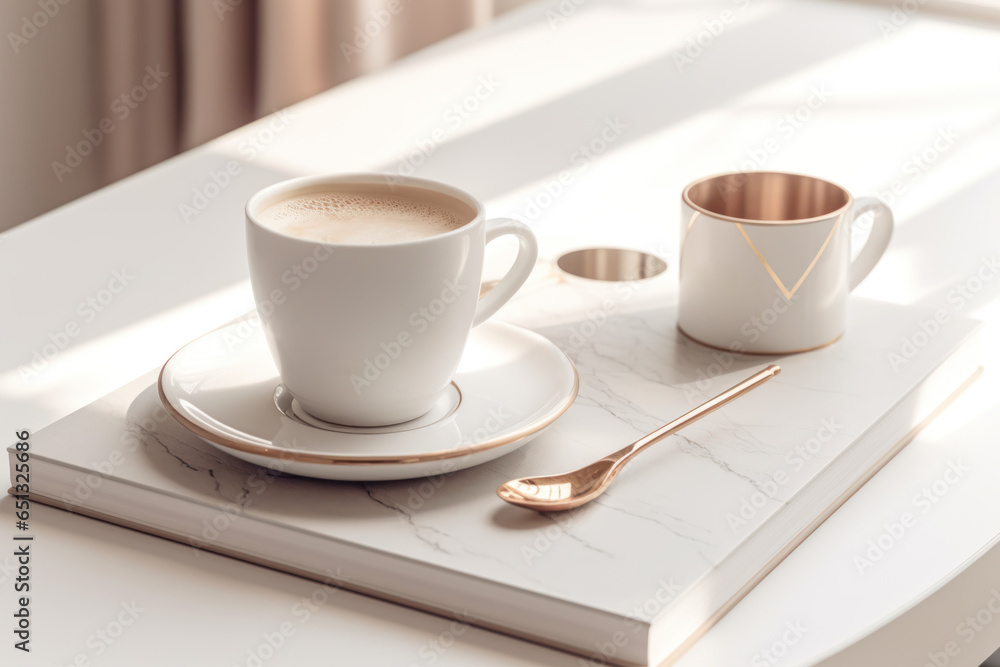 Cup of coffee with milk on white marble table in sunlight, closeup Cup of coffee with milk on white marble table in sunlight, closeup