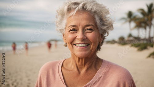 Bella signora pensionata sorridente su una spiaggia di un mare tropicale