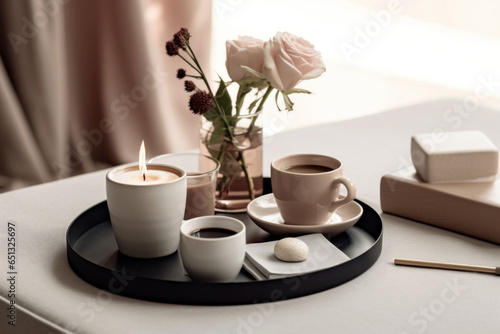 Cup of coffee with marshmallows on tray on table in room