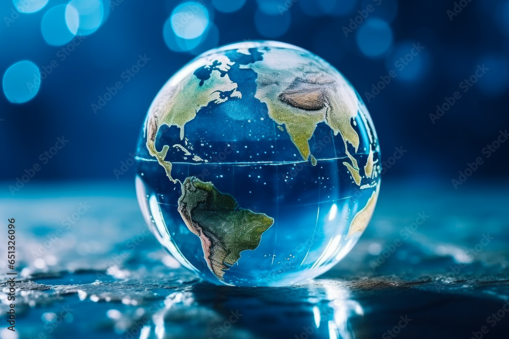 Glass globe on blue bokeh background. Earth Day concept.