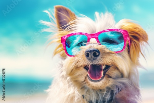 Cheerful canine wearing shades, pastel beach backdrop. Generative AI