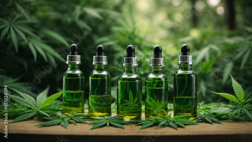  mockup of unlabeled products  medical cannabis oil  different bottles with dropper  background with marijuana plants  space for text