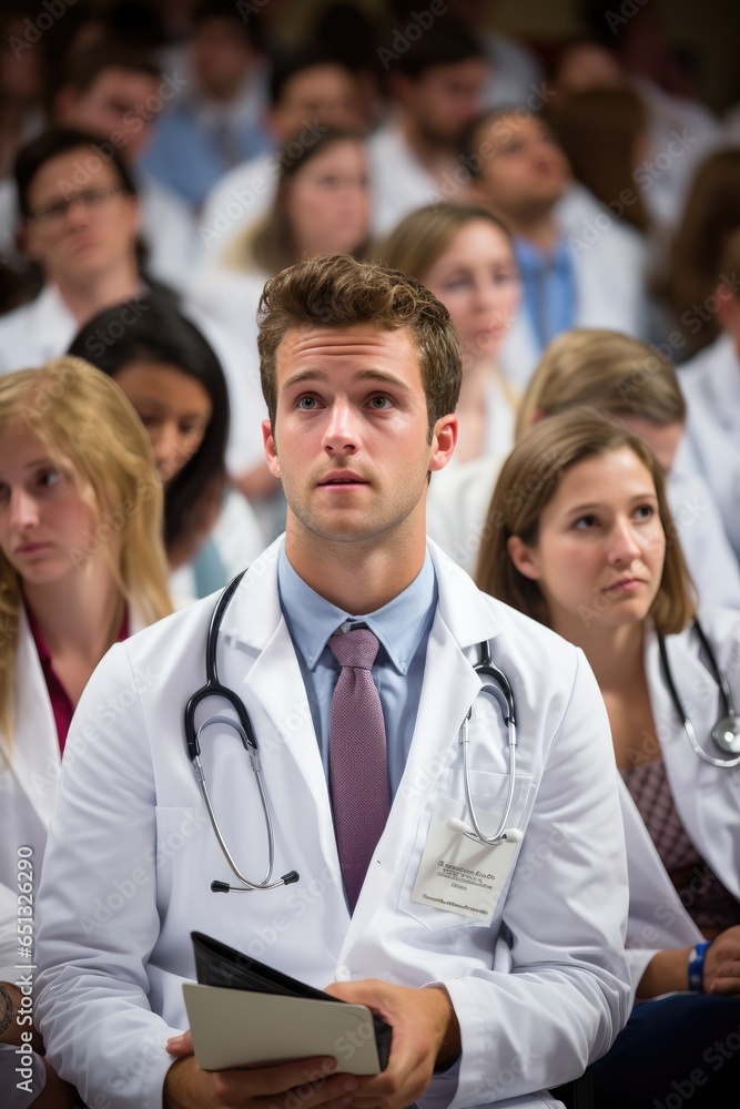 A medical student in a bustling lecture hall. Generative AI A medical student in a bustling lecture hall. Generative AI