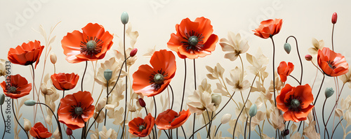 red poppy flowers in the field on a white background, in the style of silver and green,