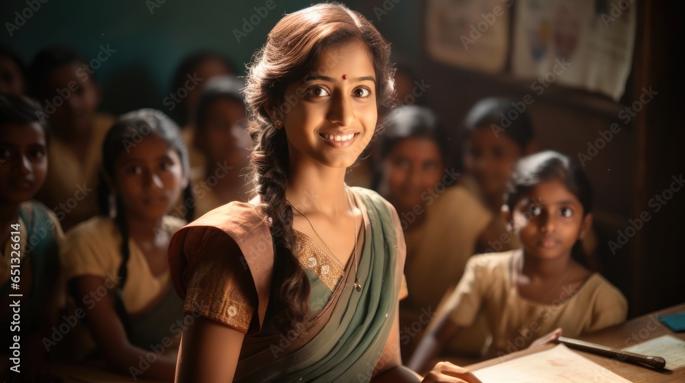 Fototapeta premium A Indian woman teacher wear a saree are teach her students in the classroom.