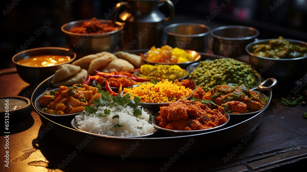 Fototapeta premium Traditional Indian cuisine, use of spices, milk, dairy products, but also meat and vegetables