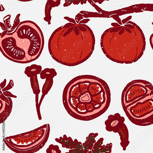 Tomatoes and flowers. Graphic floral pattern. For design, print, wallpaper, paper, textiles. Vector overlapping seamless pattern.