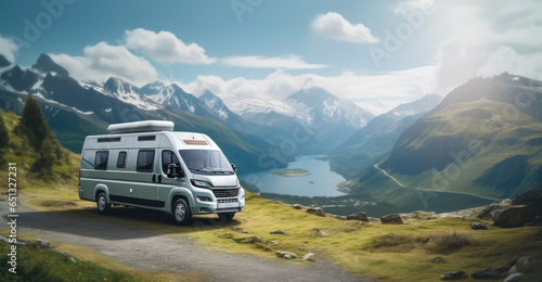 Camper van stands amidst the vast mountain expanse, Travel concept.