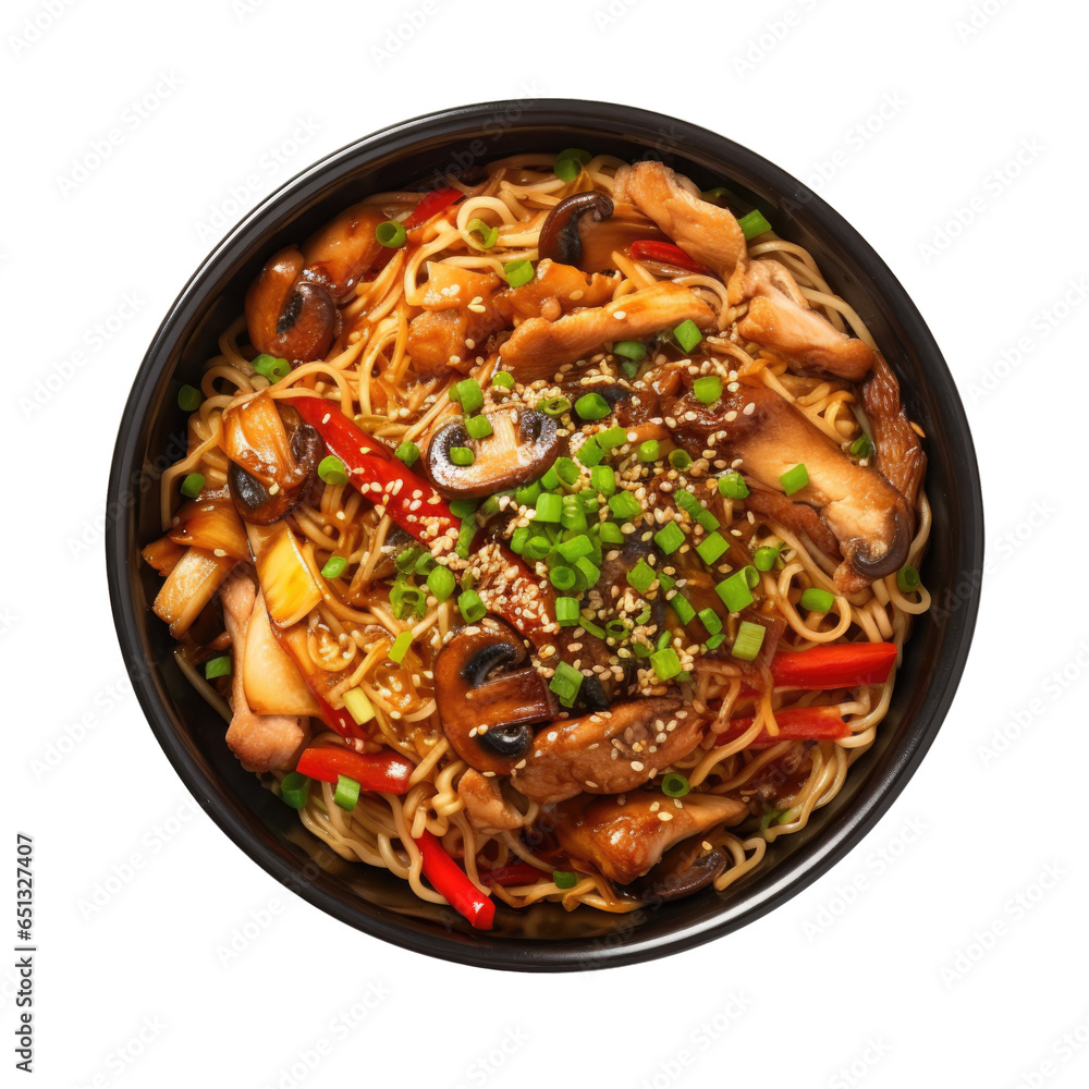 Bowl of Chinese Chicken Noodle Stir Fry with Mushroom and Red Peppers Isolated on a Transparent Background Bowl of Chinese Chicken Noodle Stir Fry with Mushroom and Red Peppers Isolated on a Transparent Background