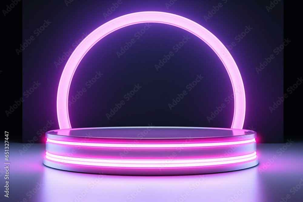 Realistic podium with white neon lights, product display background ...