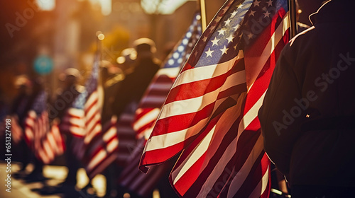 In mid-morning sunlight, a Veterans Day parade with American flags, and uniformed military veterans showcases patriotic spirit and unity, highlighting their determination. photo