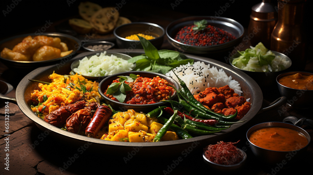 Traditional Indian cuisine, use of spices, milk, dairy products, but also meat and vegetables Traditional Indian cuisine, use of spices, milk, dairy products, but also meat and vegetables