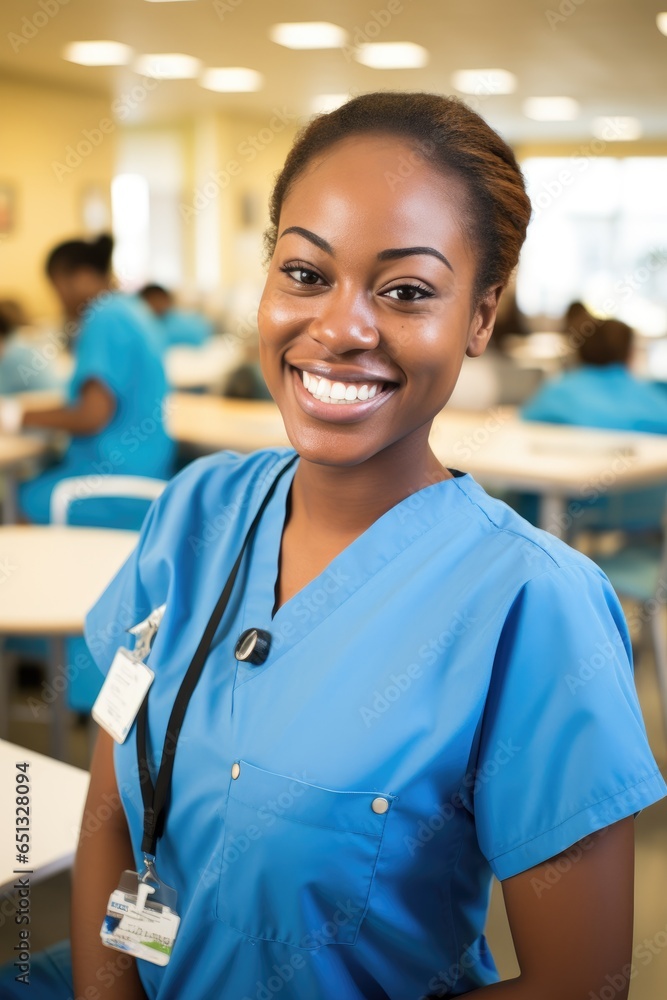 Fototapeta premium A cheerful nursing student in a vibrant classroom. Generative AI