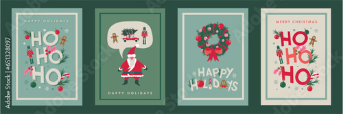 Set of 4 christmas cards. Santa saying Hohoho and happy holidays. Vector illustrations and lettering on christmas theme. Flat design icons.