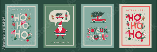 Set of 4 christmas cards in french. Santa saying Hohoho. Vector illustrations and lettering on christmas theme. Flat design icons.
