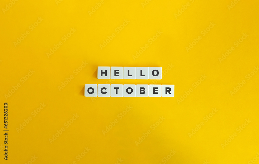 Hello October Banner. Letter Tiles on Yellow Background. Minimal Aesthetic. Hello October Banner. Letter Tiles on Yellow Background. Minimal Aesthetic.