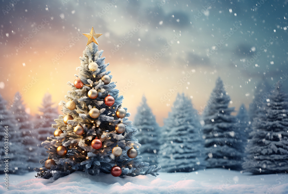 Christmas scene with a christmas tree in the snow with colorful background and trees. - Winter time. 