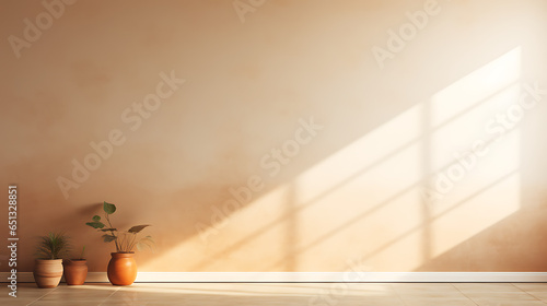 A light brown wall in an empty room with some plants in it and sunlight coming in from a window. - kitchen still life and minimalistic. - romantic scenery