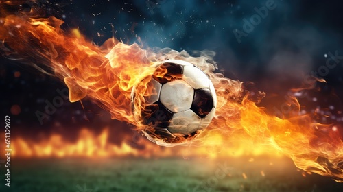 Fiery Soccer Ball at football stadium. © visoot