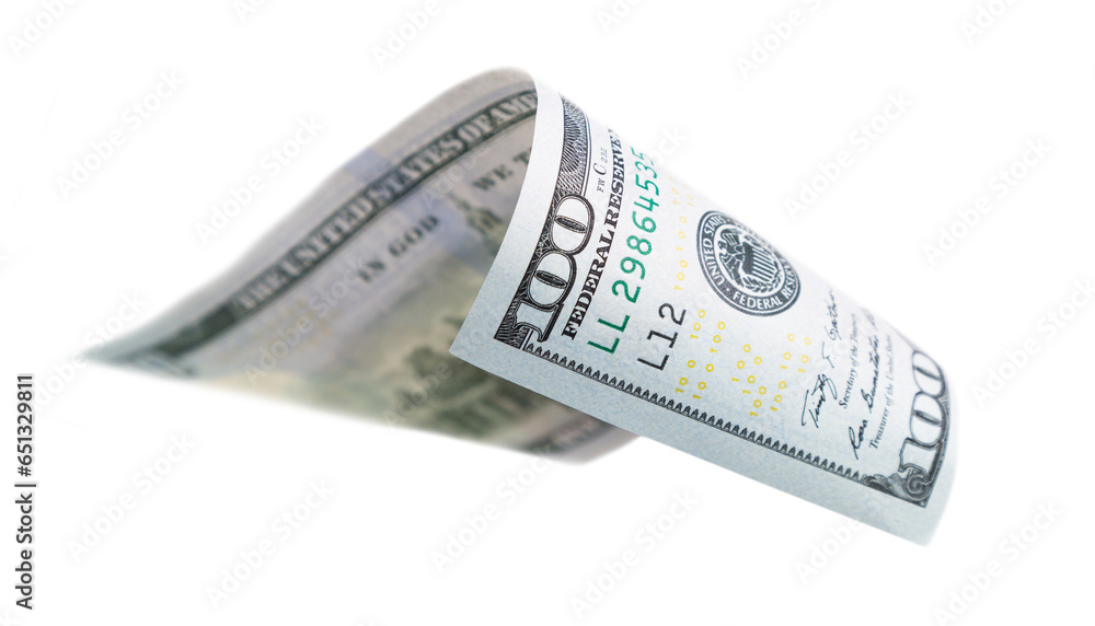 One Hundred Dollar Bill Falling or Floating on Empty Background ...