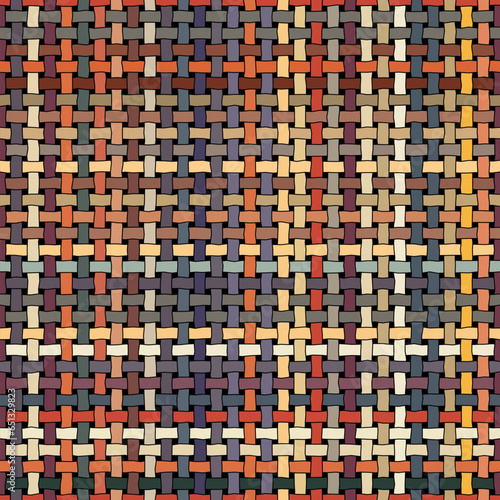 Seamless repeating pattern. Abstract woven fabric with multicolored crossed lines on a black background. Geometric striped ornament. Modern trendy texture. Vector illustration.