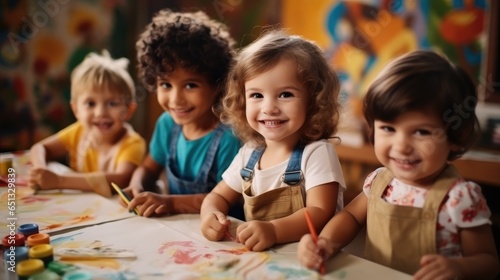 Group of happy elementary age children in art class.