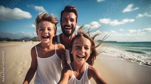 Happy parents and kid on a beach vacation  Family travel and vacations concept.