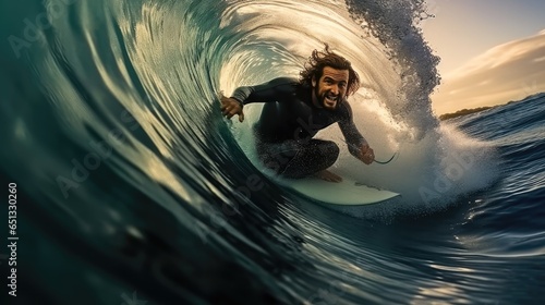 Surfer riding wave, Male athlete riding on surf inside big wave.