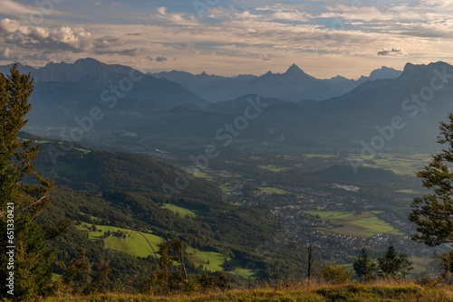 Sunny view from path to Gaisberg hill over Salzburg city in summer hot evening © luzkovyvagon.cz
