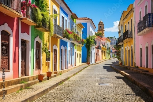 Colorful street in Salvador, Bahia, with old houses and monuments. Generative AI © Amaia