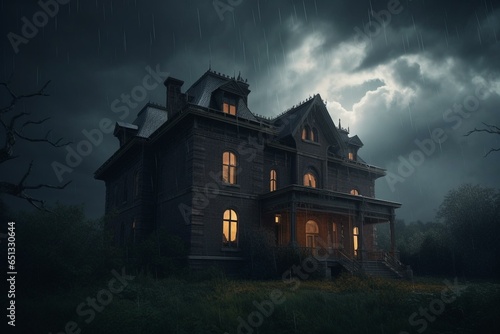 Eerie mansion, ominous sky, glowing windows. Dark, haunting, dramatic, spooky, 3D illustration. Generative AI