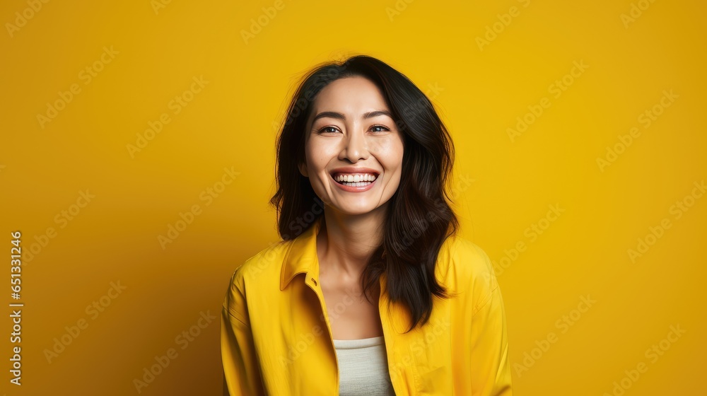 Captivating Smile from a Middle-Aged Southeast Asian Female, Presented Against a Bold Yellow Studio Backdrop with Room for Text- generative AI, fiction Person Captivating Smile from a Middle-Aged Southeast Asian Female, Presented Against a Bold Yellow Studio Backdrop with Room for Text- generative AI, fiction Person
