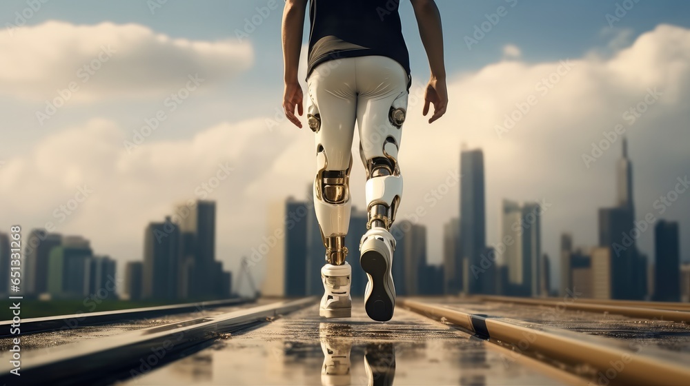 Man with prosthetic leg walking on road with city background.