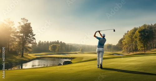 Golfer with golf club taking a shot.