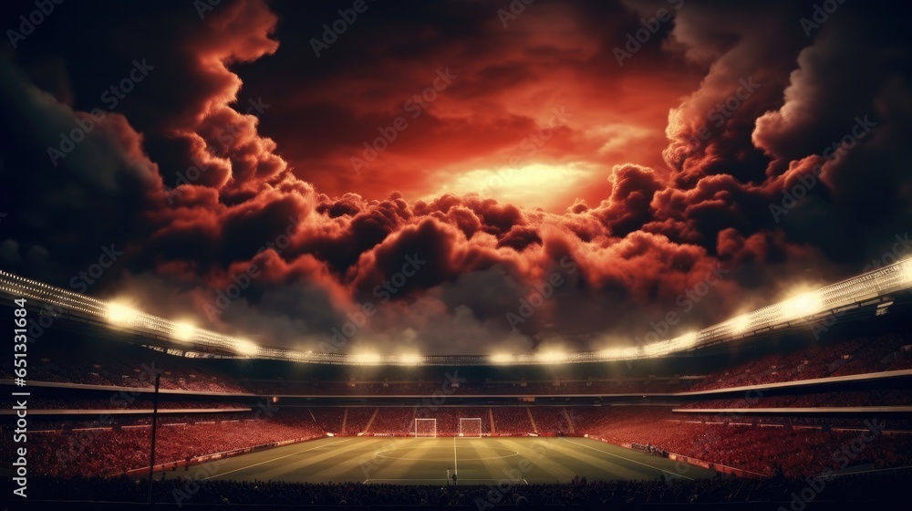 Football stadium with Scary dramatic red clouds background.