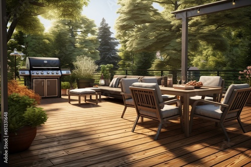 3D-rendered outdoor deck with wooden flooring and grill. Generative AI