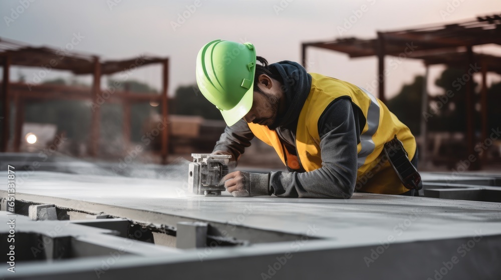 A worker is using a tool to cut concrete slabs at building sites. A worker is using a tool to cut concrete slabs at building sites.