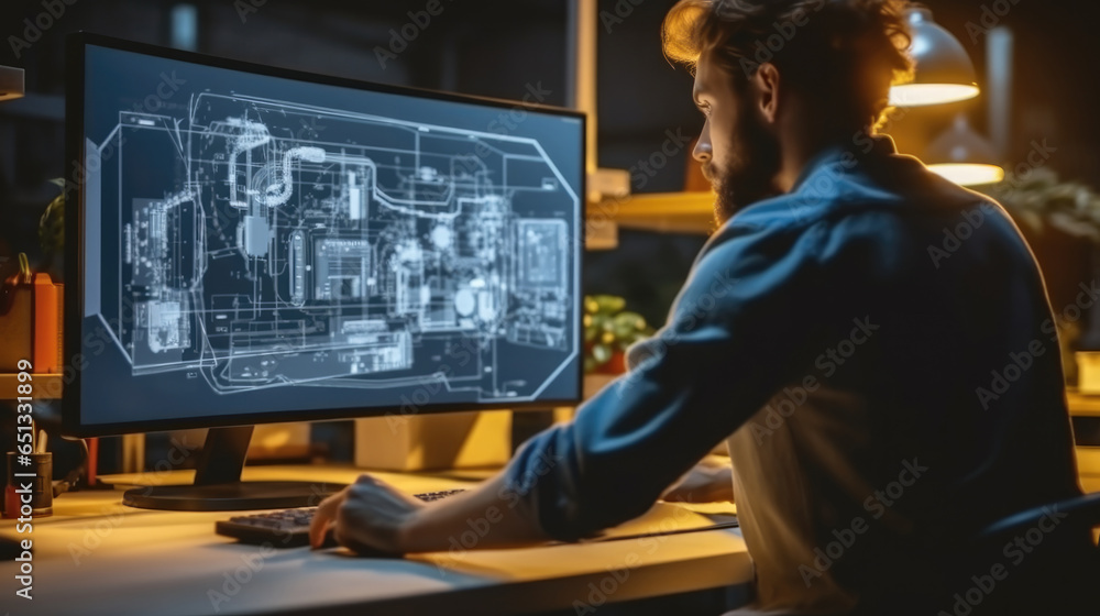 Engineer working with CAD software on desktop computer at factory. Engineer working with CAD software on desktop computer at factory.