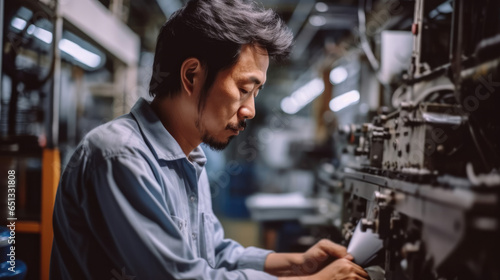 Japanese man working with machines at factory.